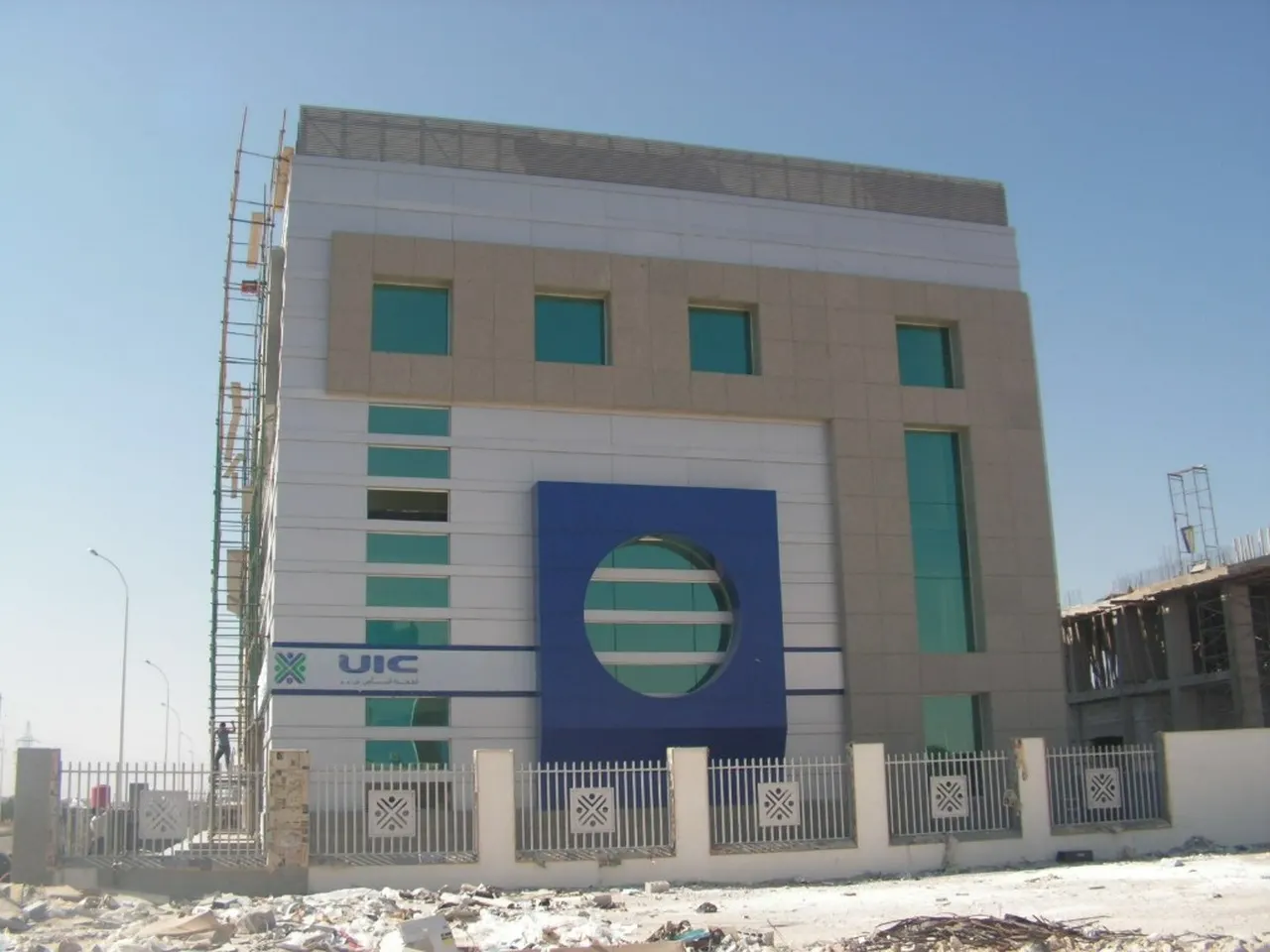 Commercial building facade with architectural circular window, UIC